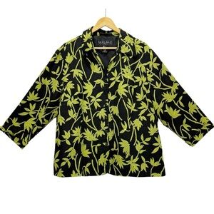 SilkLand Black and Green Jacket  with Botanical Print 100% silk size 2X Women’s